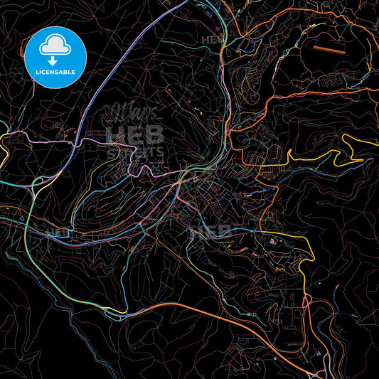 Suhl, Thuringia, Germany, colorful city map on black background