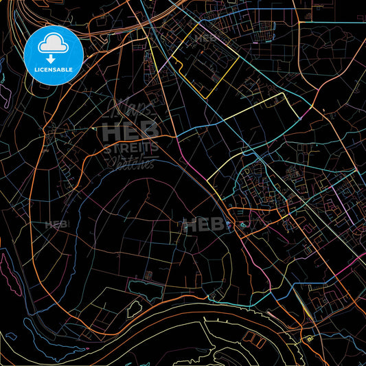 Voerde (Niederrhein), North Rhine-Westphalia, Germany, colorful city map on black background