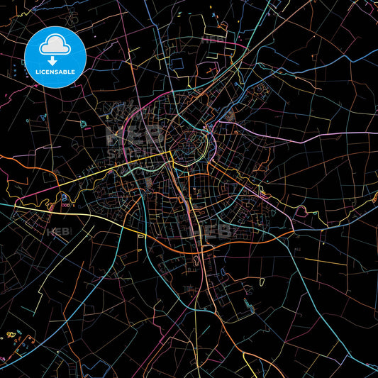 Coesfeld, North Rhine-Westphalia, Germany, colorful city map on black background