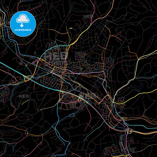 Sinsheim, Baden-Wuerttemberg, Germany, colorful city map on black background