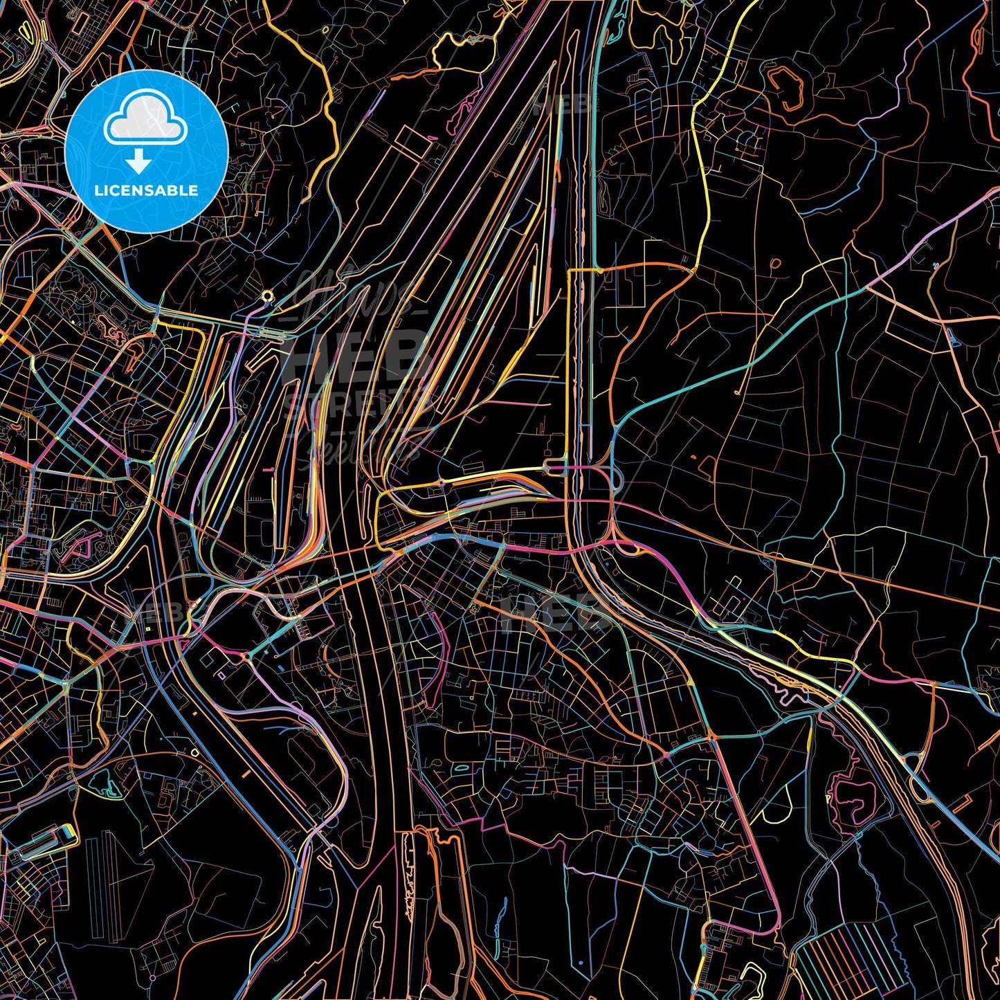 Kehl, Baden-Wuerttemberg, Germany, colorful city map on black background