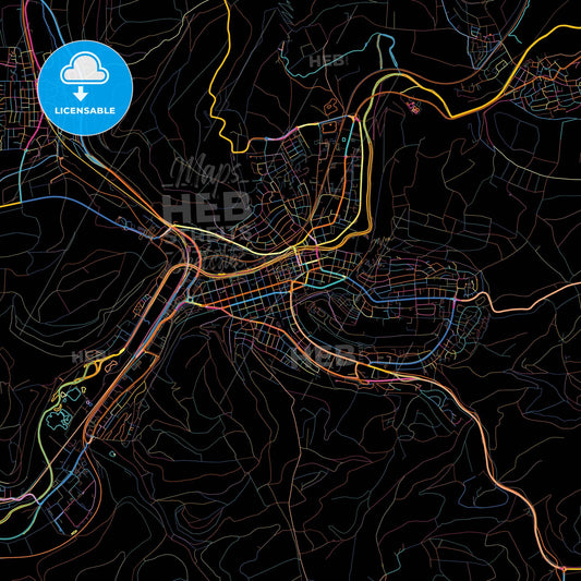 Tuttlingen, Baden-Wuerttemberg, Germany, colorful city map on black background