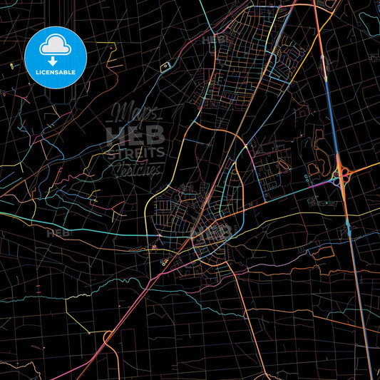 Morfelden-Walldorf, Hesse, Germany, colorful city map on black background