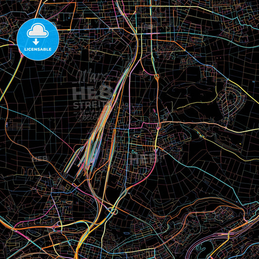 Kornwestheim, Baden-Wuerttemberg, Germany, colorful city map on black background