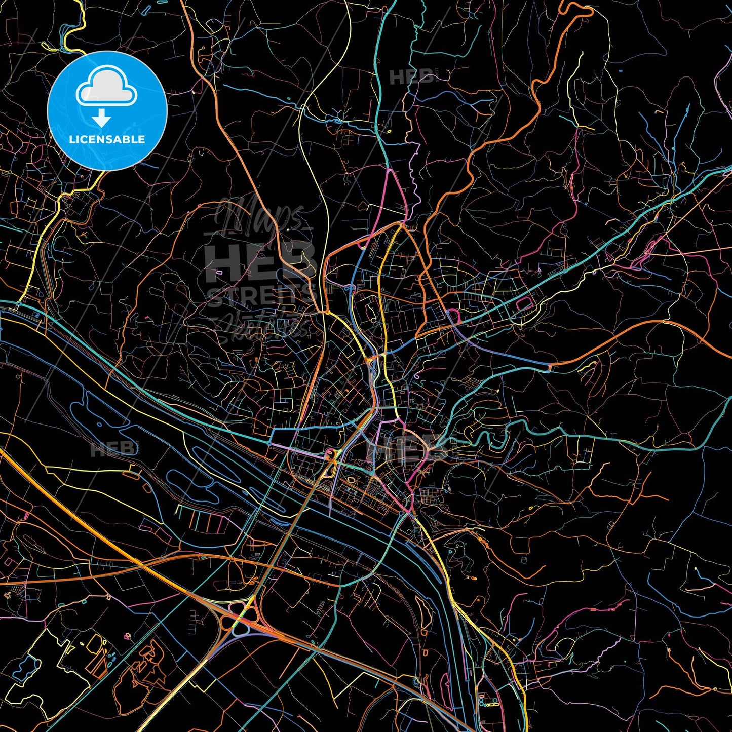 Deggendorf, Bavaria, Germany, colorful city map on black background