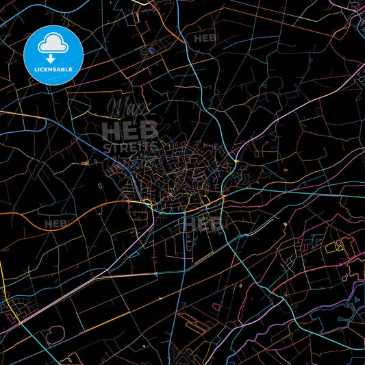 Delbruck, North Rhine-Westphalia, Germany, colorful city map on black background