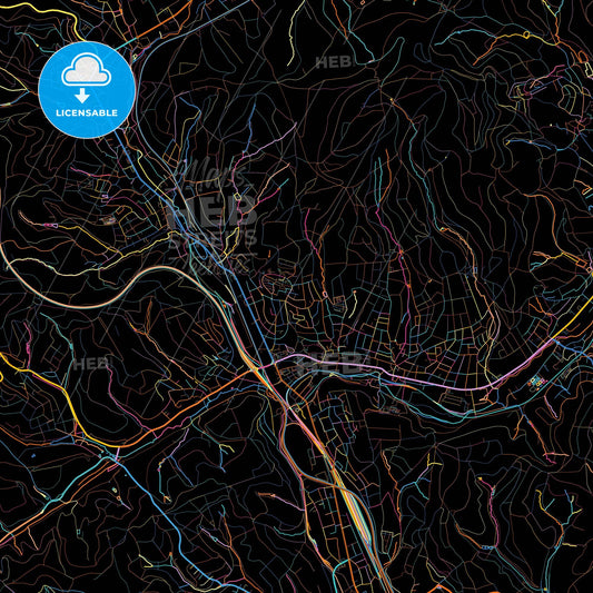 Kreuztal, North Rhine-Westphalia, Germany, colorful city map on black background