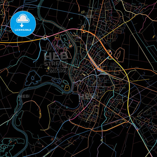 Nienburg/Weser, Lower Saxony, Germany, colorful city map on black background