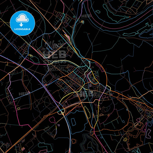 Rheinberg, North Rhine-Westphalia, Germany, colorful city map on black background
