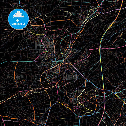 Herrenberg, Baden-Wuerttemberg, Germany, colorful city map on black background