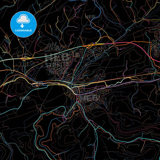 Meschede, North Rhine-Westphalia, Germany, colorful city map on black background