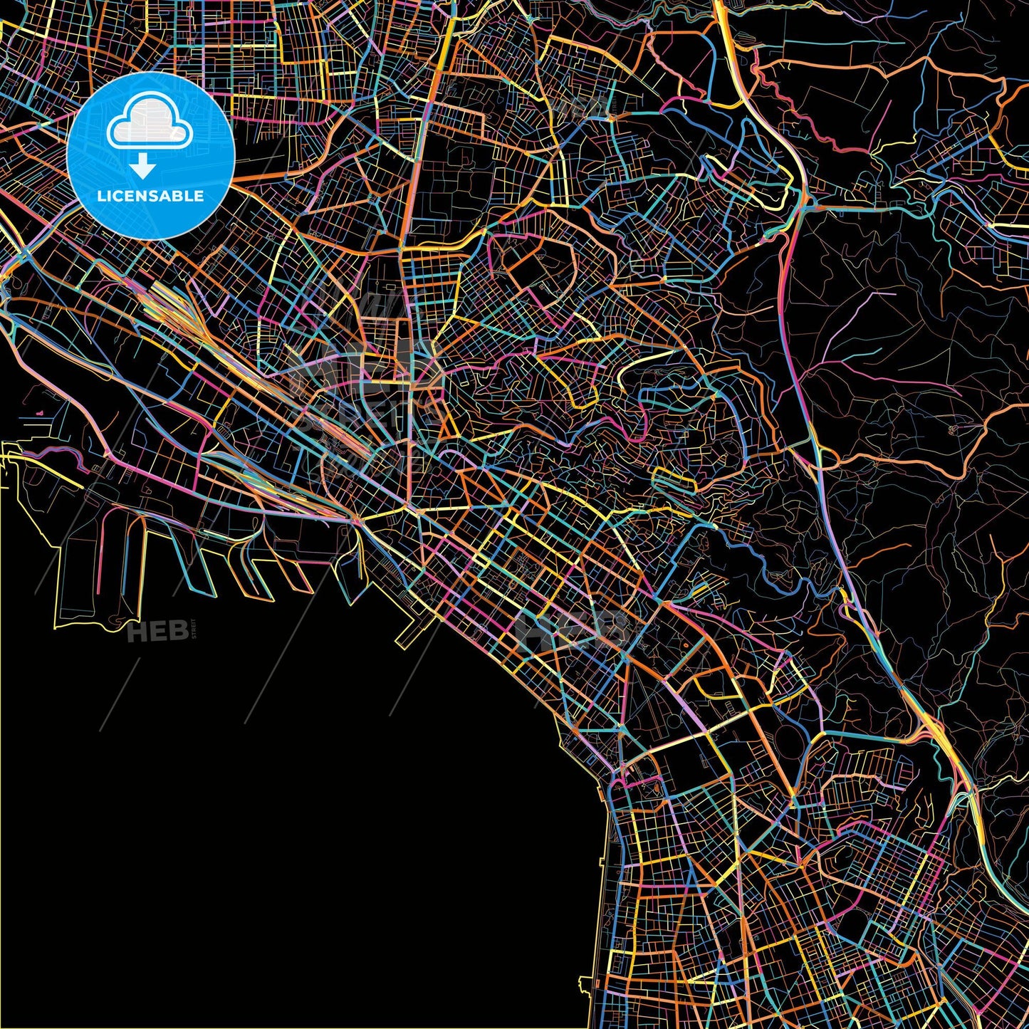  Thessaloniki, Central Macedonia, Greece, colorful city map on black background
