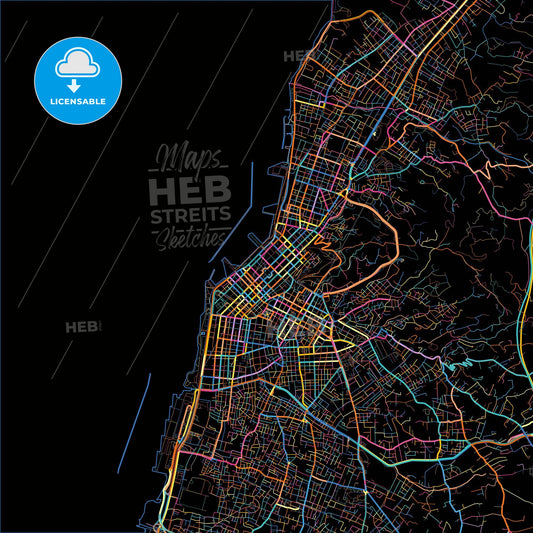 Patras, Western Greece, Greece, colorful city map on black background