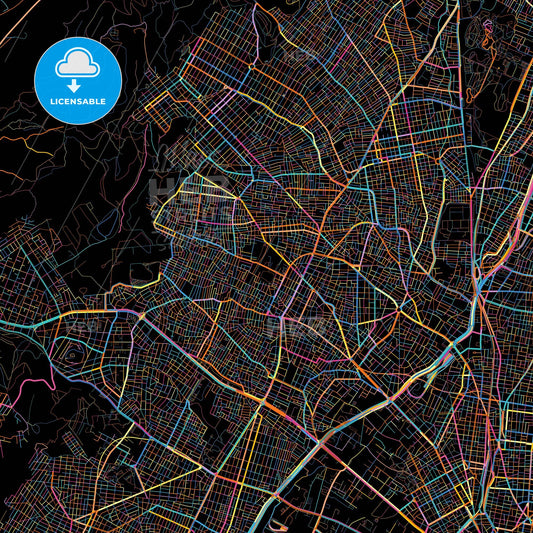 Peristeri, Attica, Greece, colorful city map on black background