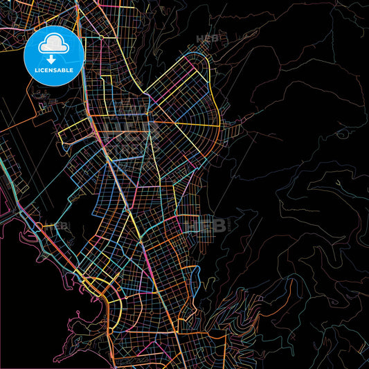 Glyfada, Attica, Greece, colorful city map on black background