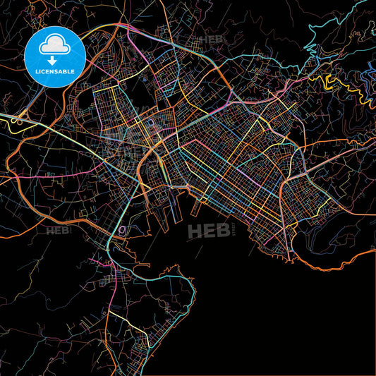 Volos, Thessaly, Greece, colorful city map on black background