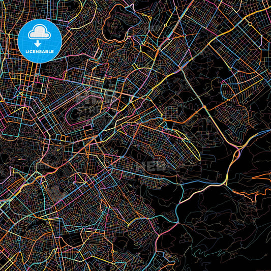Zografou, Attica, Greece, colorful city map on black background