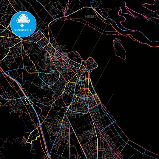 Ioannina, Epirus, Greece, colorful city map on black background