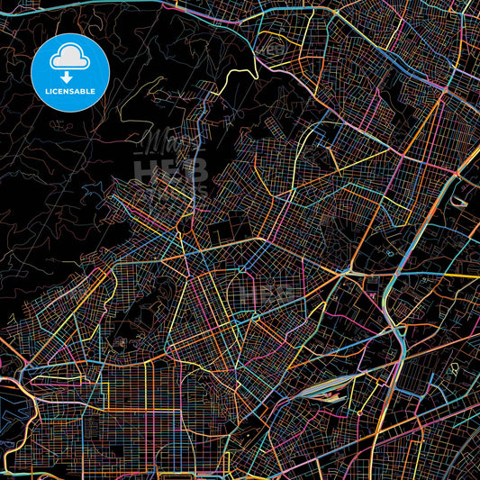 Korydallos, Attica, Greece, colorful city map on black background