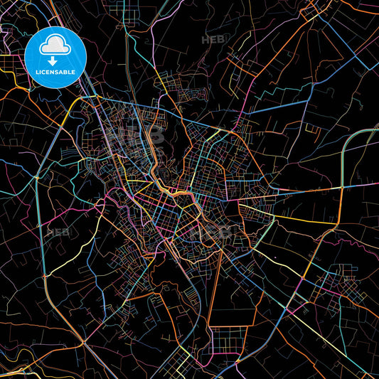 Trikala, Thessaly, Greece, colorful city map on black background