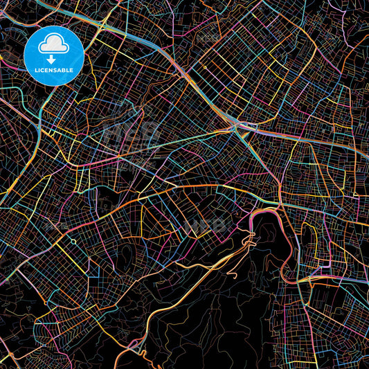 Agia Paraskevi, Attica, Greece, colorful city map on black background