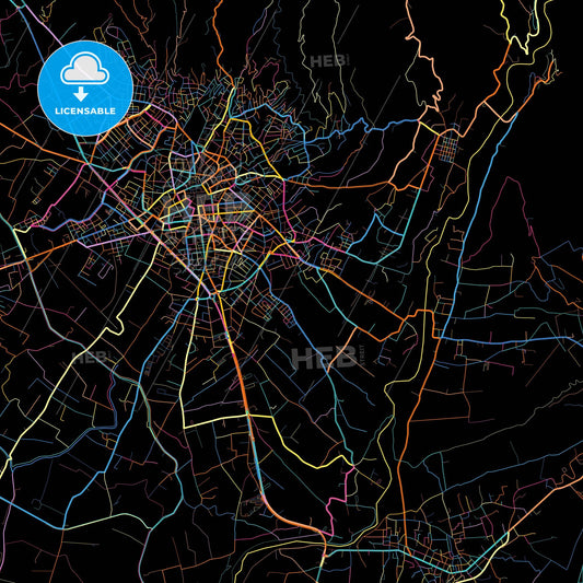 Agrinio, Western Greece, Greece, colorful city map on black background