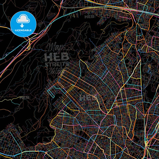 Petroupoli, Attica, Greece, colorful city map on black background