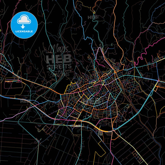 Serres, Central Macedonia, Greece, colorful city map on black background