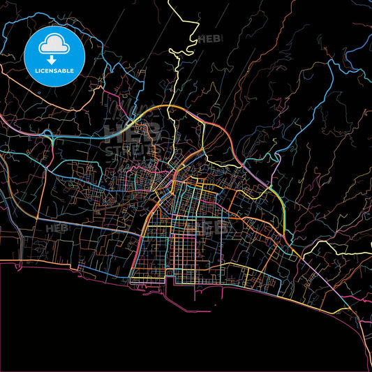 Kalamata, Peloponnese, Greece, colorful city map on black background
