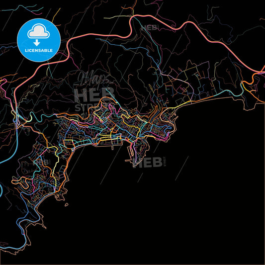 Kavala, Eastern Macedonia and Thrace, Greece, colorful city map on black background