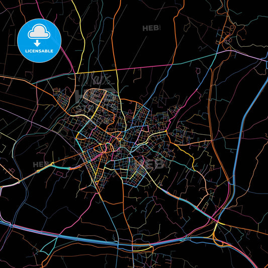 Komotini, Eastern Macedonia and Thrace, Greece, colorful city map on black background