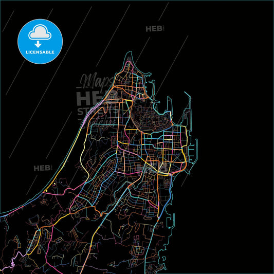 Rhodes, South Aegean, Greece, colorful city map on black background