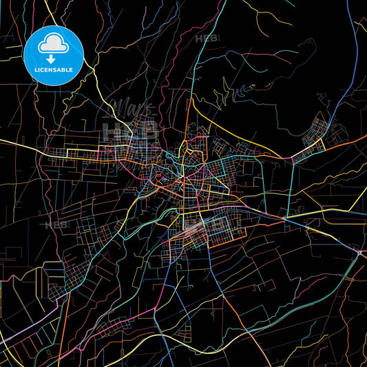 Drama, Eastern Macedonia and Thrace, Greece, colorful city map on black background
