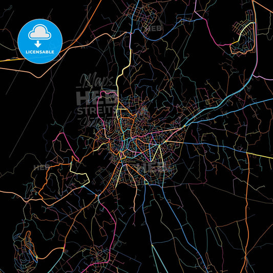 Kozani, Western Macedonia, Greece, colorful city map on black background