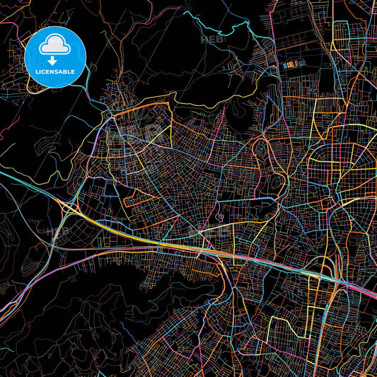 Ano Liosia, Attica, Greece, colorful city map on black background