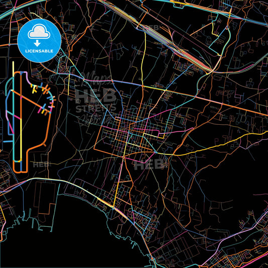 Aspropyrgos, Attica, Greece, colorful city map on black background