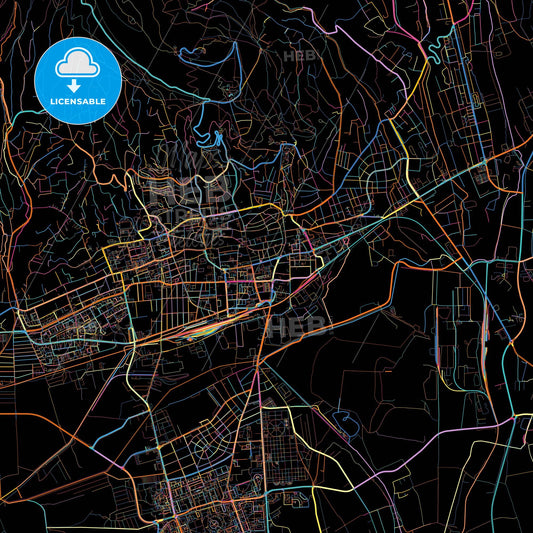 Pécs, Baranya, Hungary, colorful city map on black background