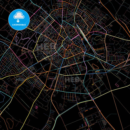 Kecskemét, Bács-Kiskun, Hungary, colorful city map on black background