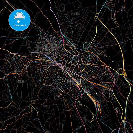 Sopron, Győr-Moson-Sopron, Hungary, colorful city map on black background