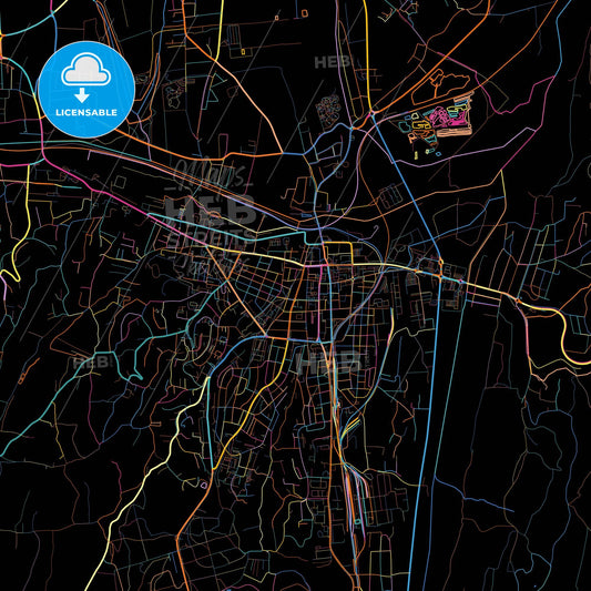 Zalaegerszeg, Zala, Hungary, colorful city map on black background
