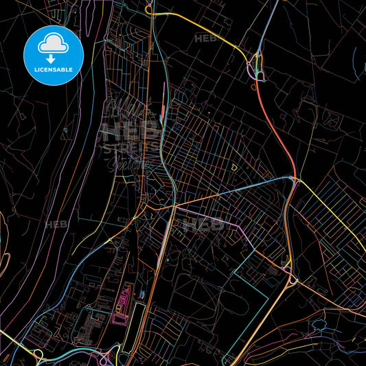 Dunakeszi, Pest, Hungary, colorful city map on black background