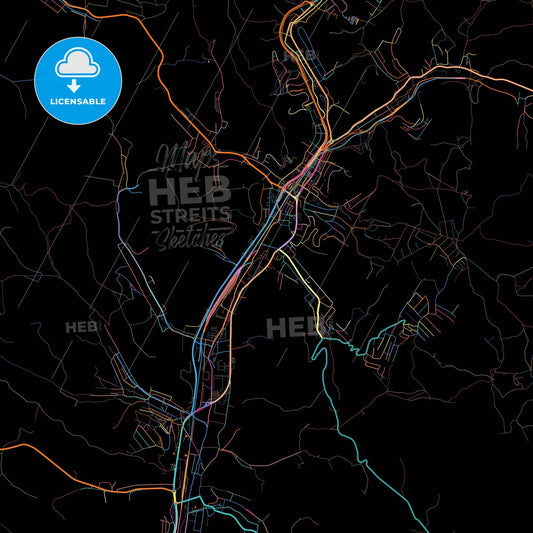 Salgótarján, Nógrád, Hungary, colorful city map on black background