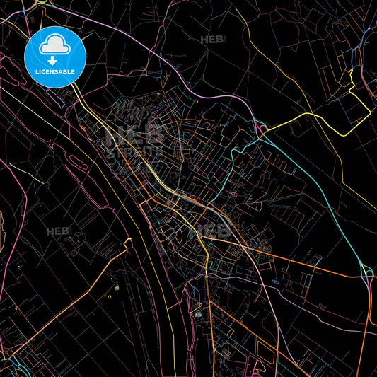 Vác, Pest, Hungary, colorful city map on black background