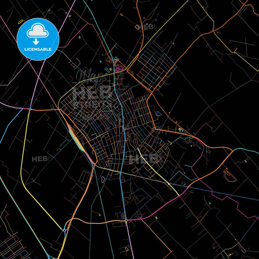 Kiskunfélegyháza, Bács-Kiskun, Hungary, colorful city map on black background