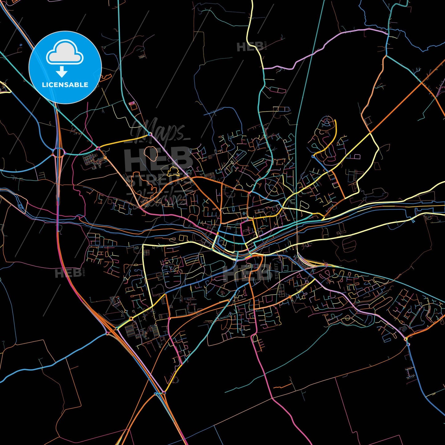 Drogheda, County Louth & County Meath, Ireland, colorful city map on black background