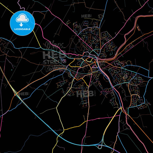 Navan, County Meath, Ireland, colorful city map on black background