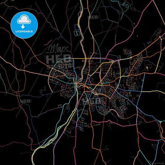 Carlow, County Carlow & County Laois, Ireland, colorful city map on black background
