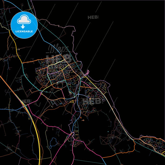 Balbriggan, Fingal, Ireland, colorful city map on black background