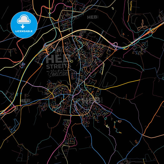 Naas, County Kildare, Ireland, colorful city map on black background