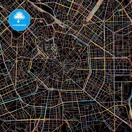 Milan, Lombardy, Italy, colorful city map on black background